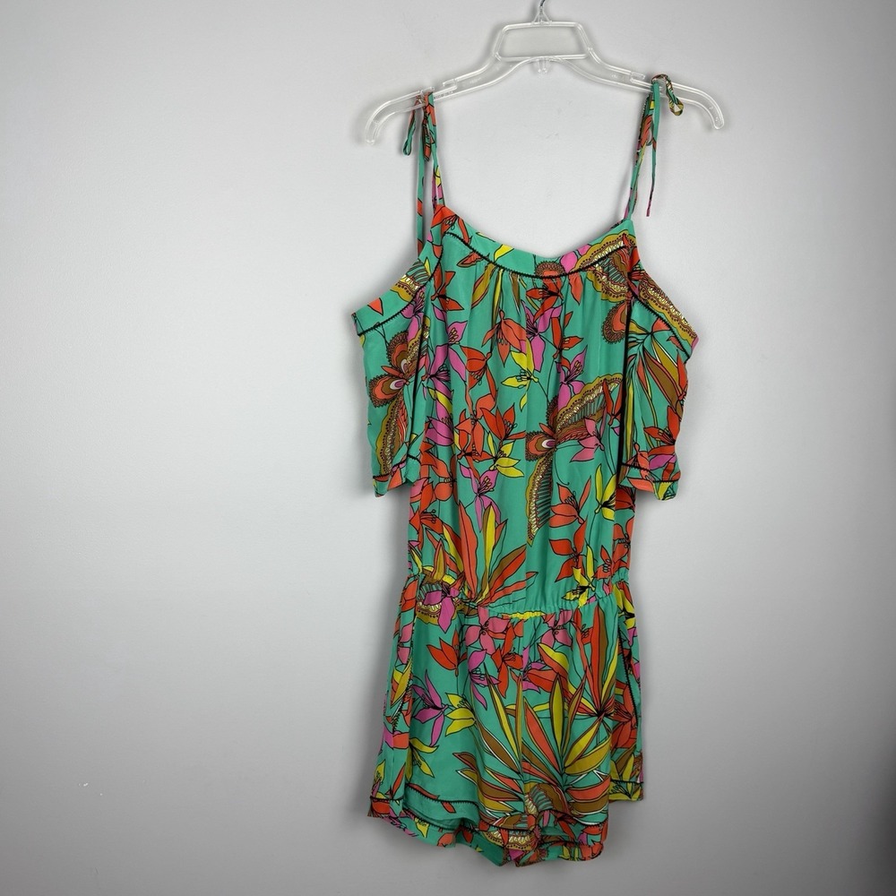 Trina Turk Silk Romper S Tropical Floral Cold Shoulder Green Pink Orange Resort